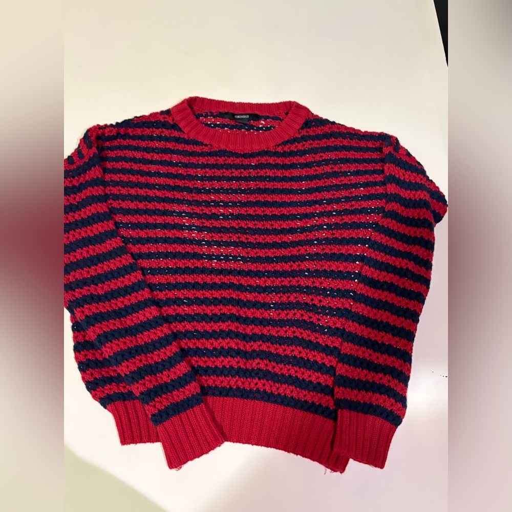 forever 21 mesh crochet red and blue striped sweater SZ. S EUC